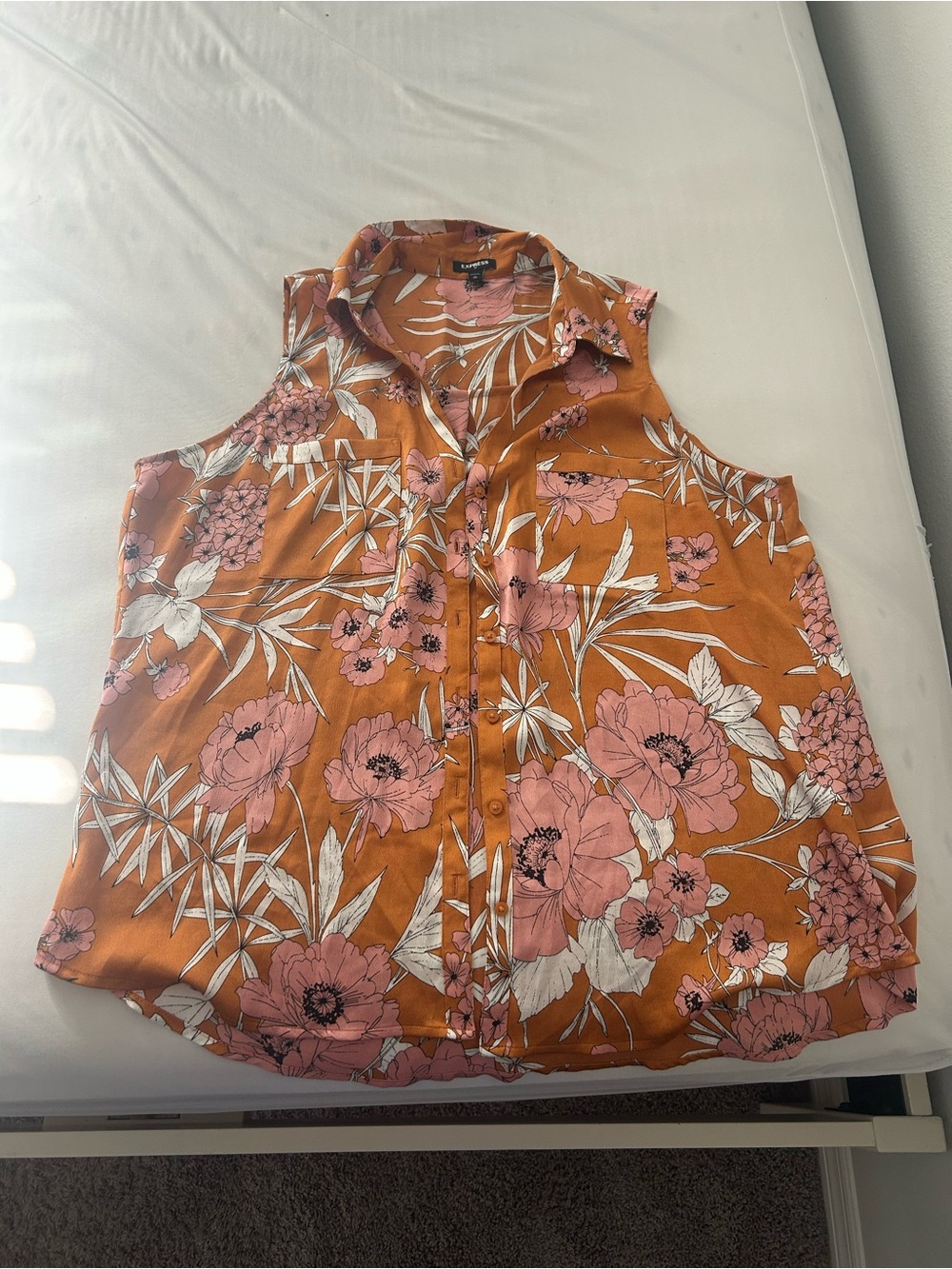 Express Sleeveless Button-Front Tank Top in Orange with Pink Floral